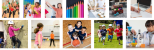 kids doing a variety of activities including arts, sports and games