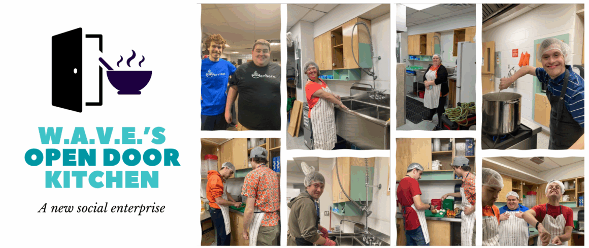 WAVE's Open door Kitchen, with photos of people making soup in a commercial kitchen
