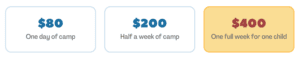 donations for $80 $200 and $400 to send a kid to camp