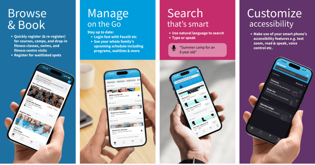 Xplor Rec mobile app screens showing Browse, book, manage, search and accessible features.