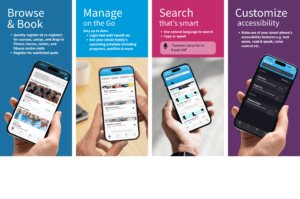 Xplor Rec mobile app screens showing Browse, book, manage, search and accessible features.