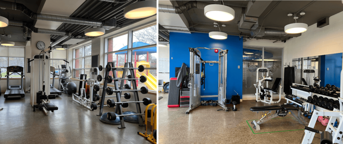 Fitness Centre with equipment including treadmills, barbells, cable machine etc.
